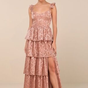 Lulus Stunning Glory Dusty Pink Floral Jacquard Tiered Maxi Dress - Size 1X